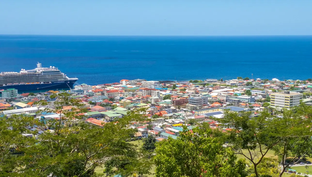 Roseau, the capital of Dominica, seen from the hills above the harbour