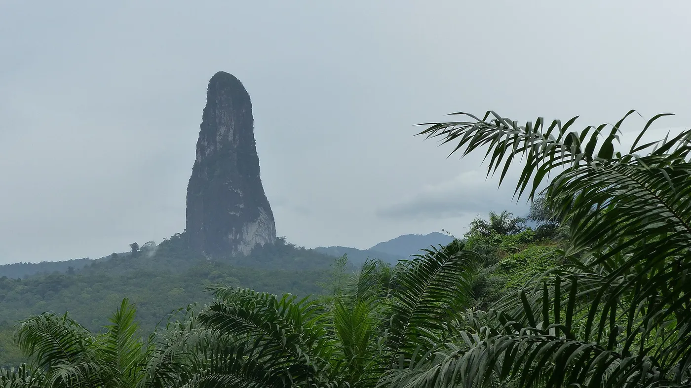 Pico Cão Grande, the volcanic rock spire rising above the rainforest of São Tomé, São Tomé and Príncipe