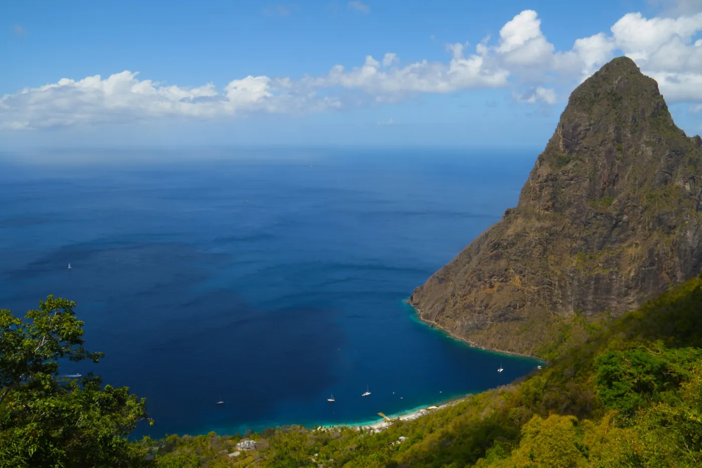 One of the Pitons rising above the sea, Saint Lucia
