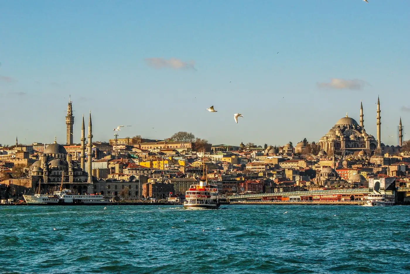 A ferry crossing the Bosphorus in front of Eminönü, Istanbul